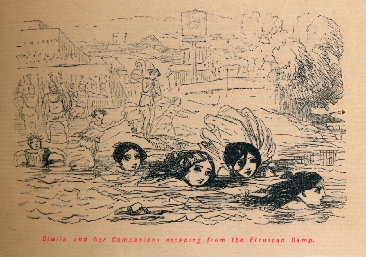 Cloelia och hennes följeslagare flyr från det etruskiska lägret, 1852 av John Leech