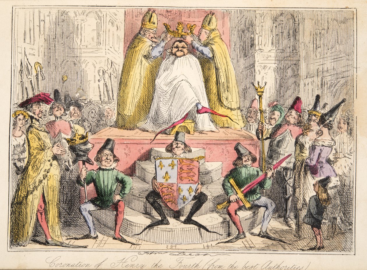 Kröningen av Henrik IV. (från de bästa myndigheterna), från The Comic History of England, pub. 1864 (handfärgad etsning) av John Leech
