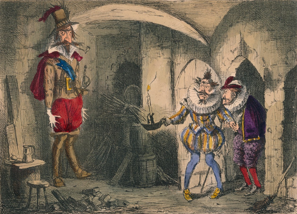 Upptäckten av Guido Fawkes av Suffolk och Mounteagle, 1850 av John Leech