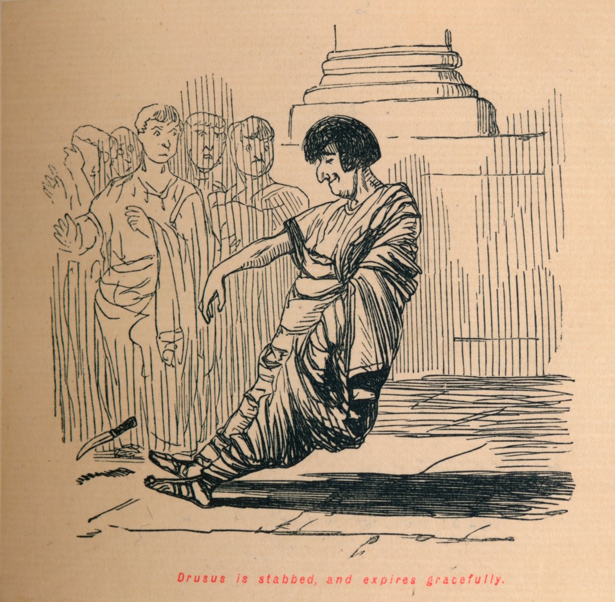 Drusus blir knivhuggen och upphör graciöst, 1852 av John Leech