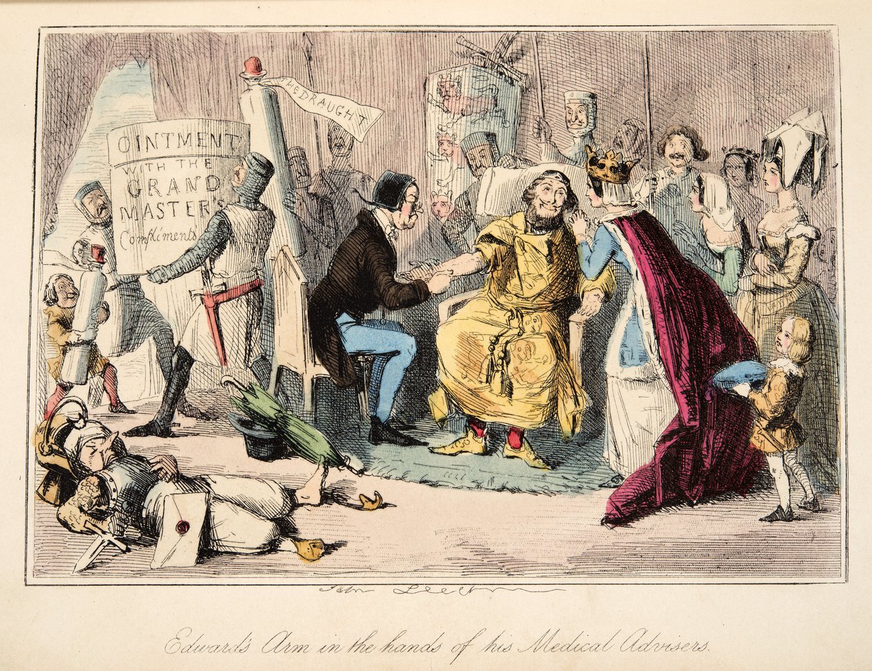 Edwards arm i händerna på hans medicinska rådgivare, från The Comic History of England, pub. 1864 (handfärgad etsning) av John Leech
