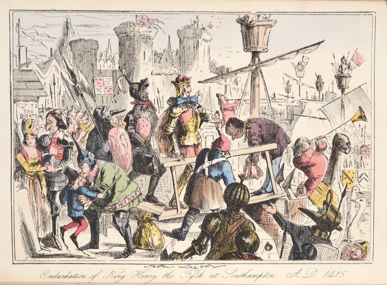 Ombordstigning av Henry V. i Southampton, AD 1415, från The Comic History of England, pub. 1864 (handfärgad etsning) av John Leech