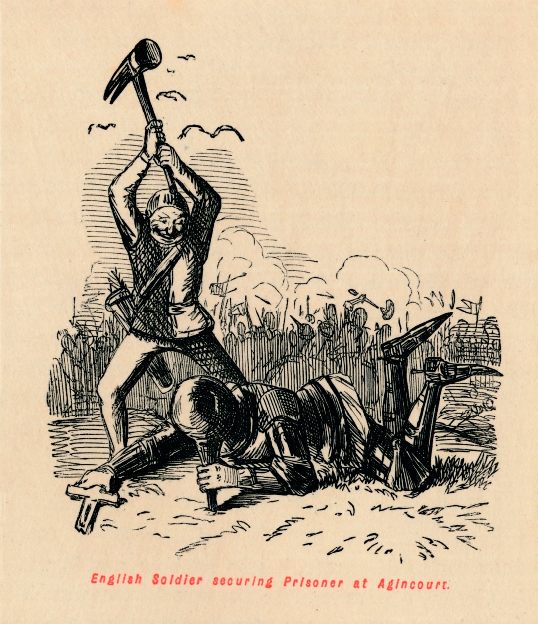 Engelsk soldat säkrar fången vid Agincourt, c1860, c1860 av John Leech