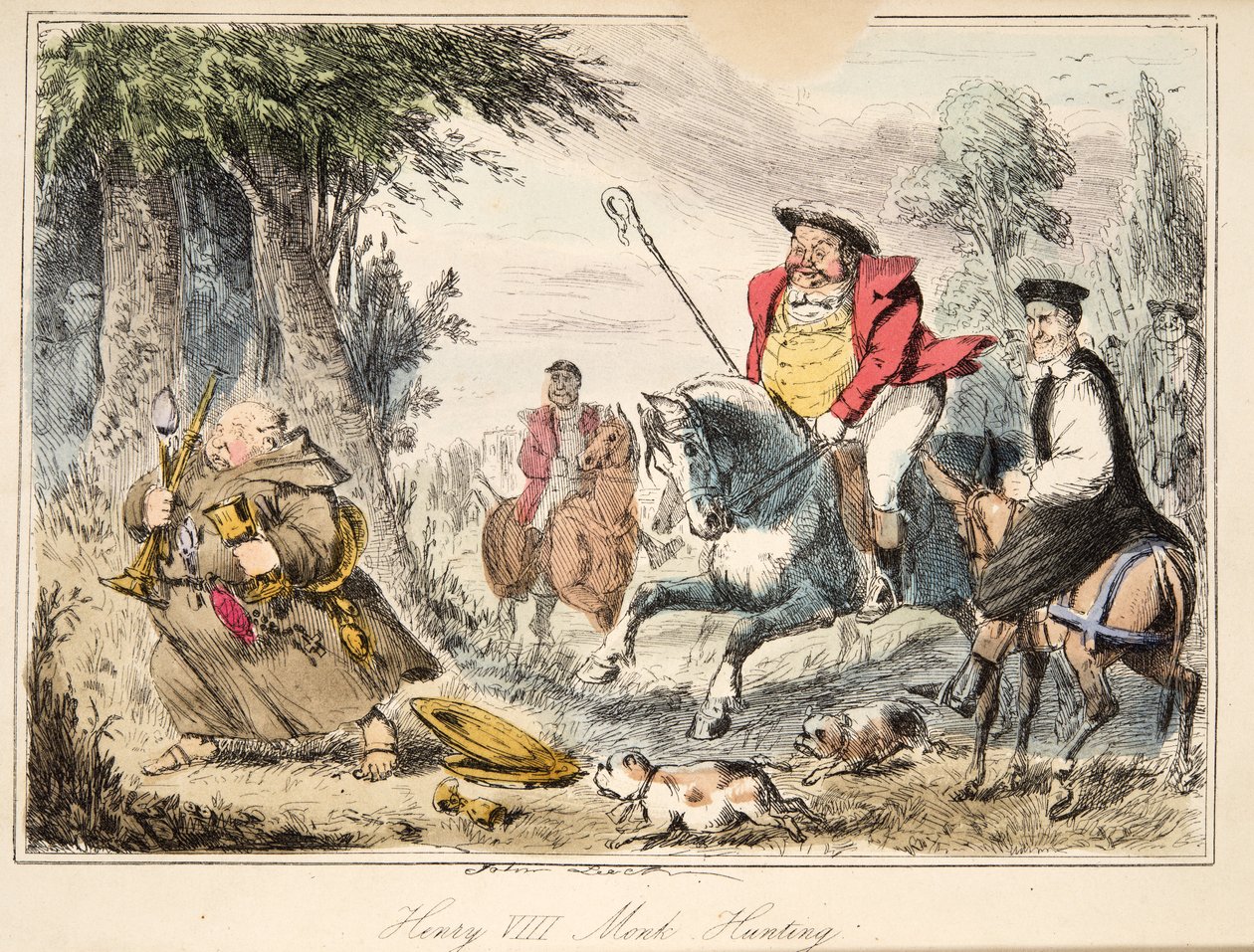 Henry VIII Monk-Hunting, från The Comic History of England, pub. 1864 (handfärgad etsning) av John Leech
