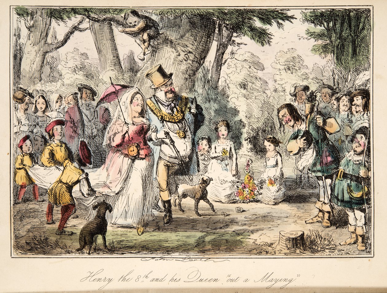 Henry VIII och hans drottning Out-a-Maying, från The Comic History of England, pub. 1864 (handfärgad etsning) av John Leech