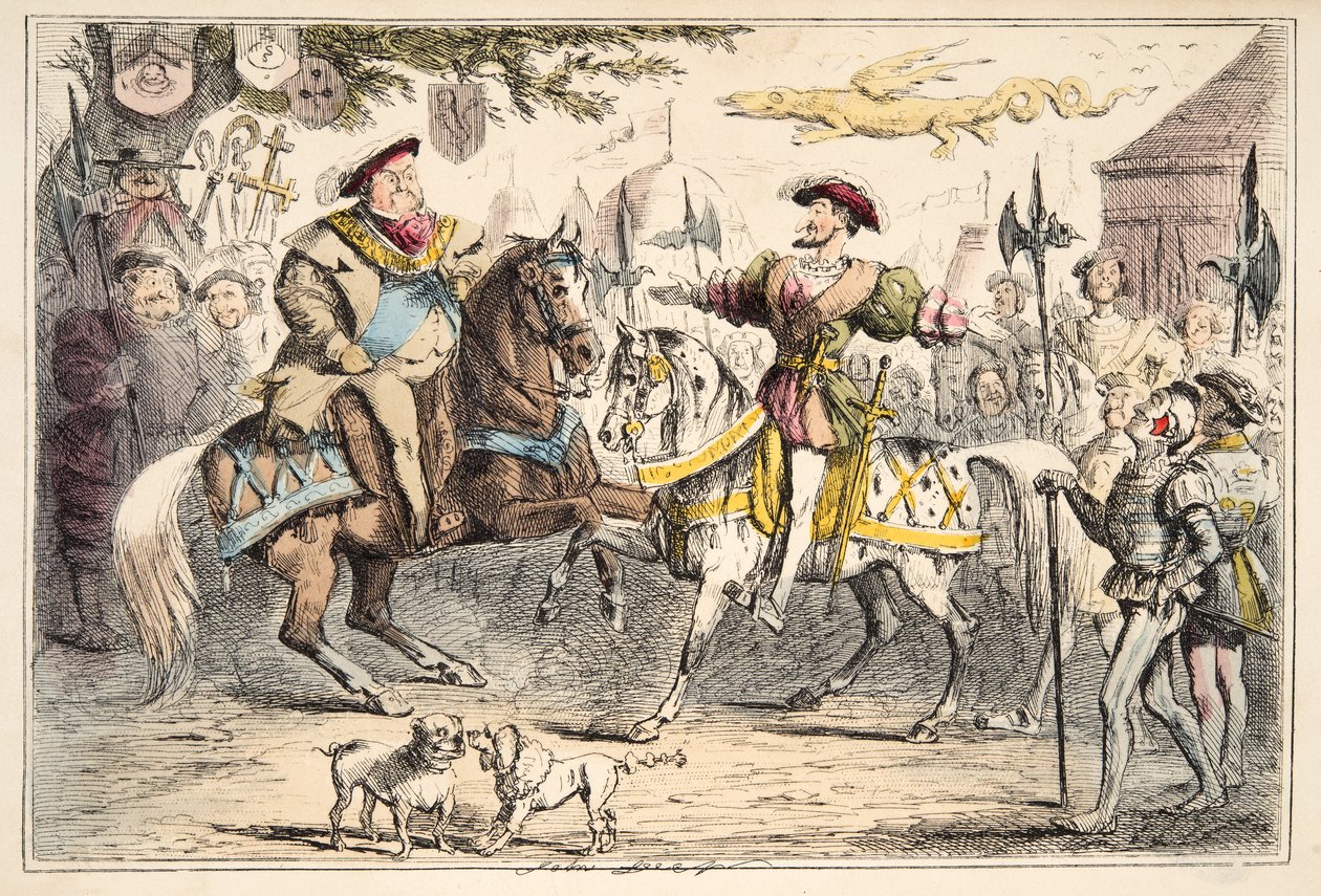 Henry VIII möte Francis I, från The Comic History of England, pub. 1864 (handfärgad etsning) av John Leech