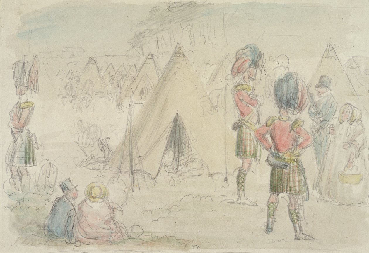 Highland Regiment in Camp (wc och grafit på papper) av John Leech