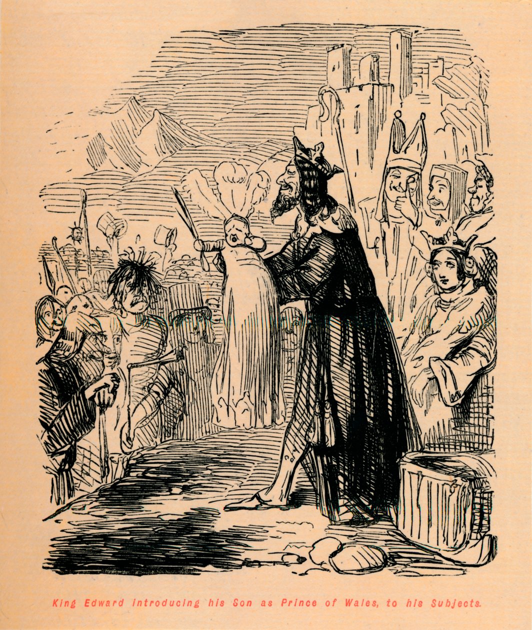 Kung Edward presenterar sin son som prins av Wales för sina undersåtar, c1860, c1860 av John Leech