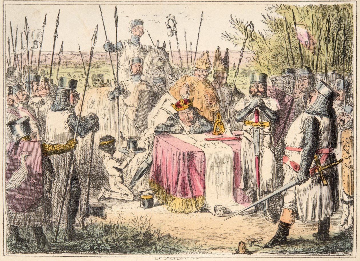 King John Signing Magna Carta, från The Comic History of England, pub. 1864 (handfärgad etsning) av John Leech