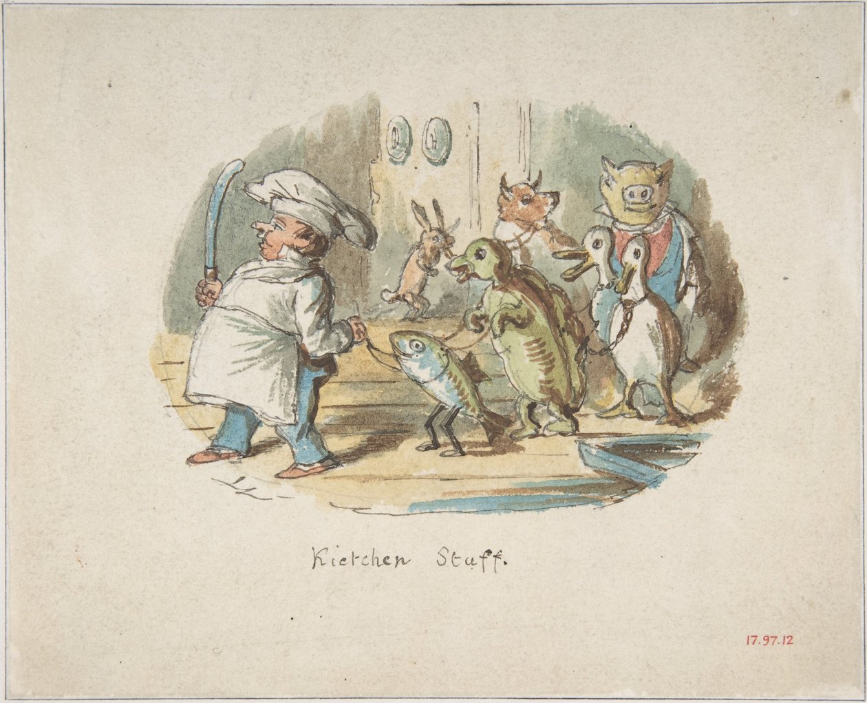 Kökspersonal (framsidan); Bergslandskap med vandrare (baksidan) av John Leech