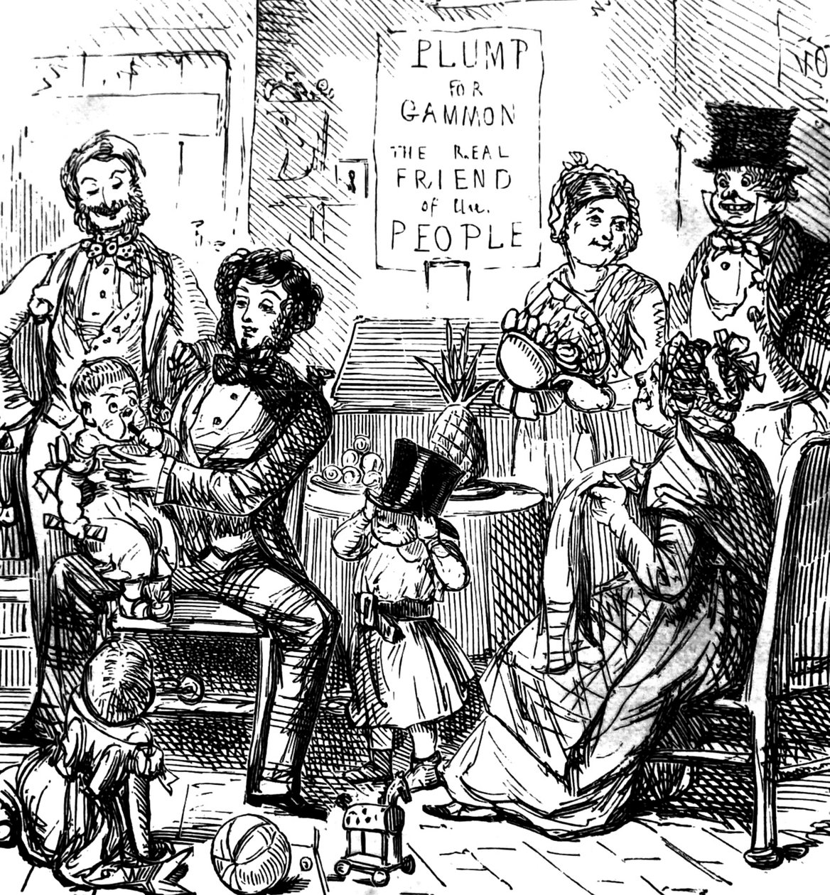 Medlemmar av en förstklassig familj spenderar tid tillsammans i en butik av John Leech