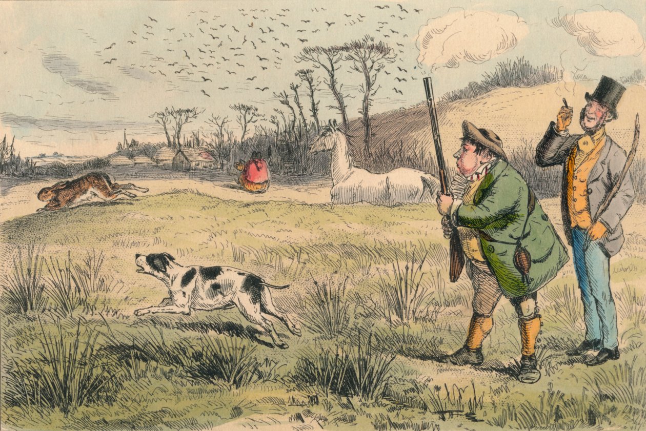 Mr Jogglebury Crowdey med sin hund och sin pistol, ca 1860-talet. av John Leech
