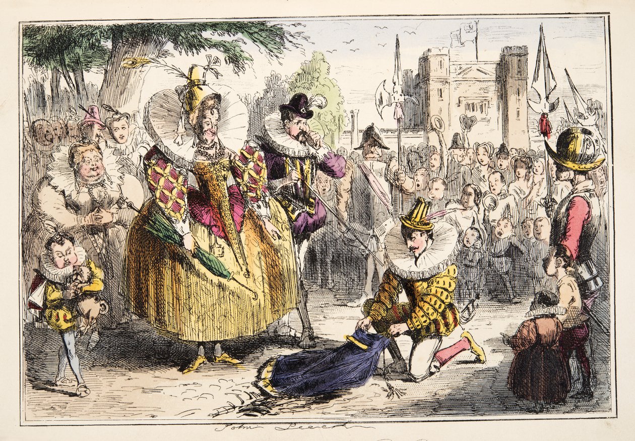 Drottning Elizabeth och Sir Walter Raleigh, från The Comic History of England, pub. 1864 (handfärgad etsning) av John Leech