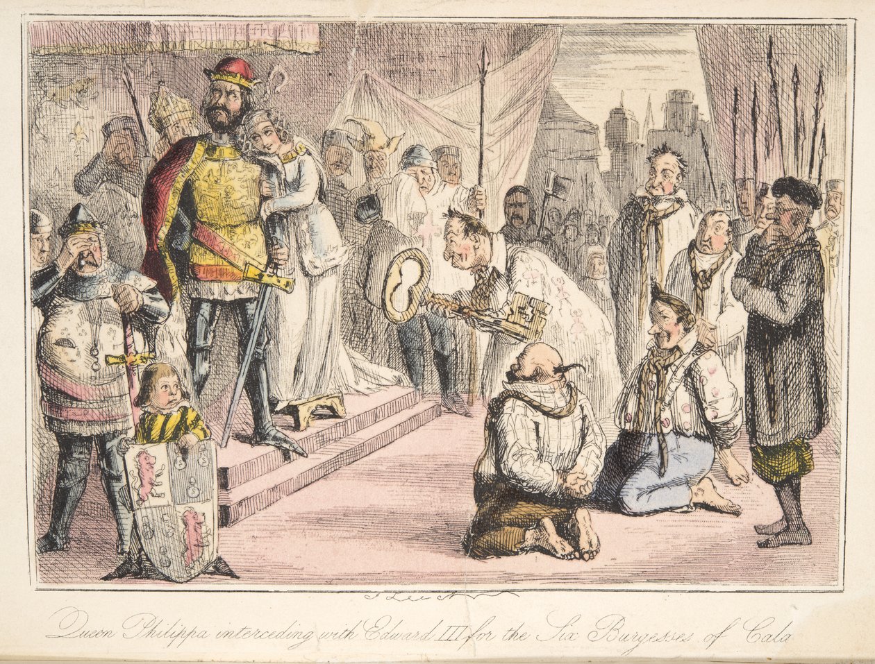 Drottning Philippa går i förbön med Edward III, för de sex burgarna i Calais, från The Comic History of England, pub. 1864 (handfärgad etsning) av John Leech