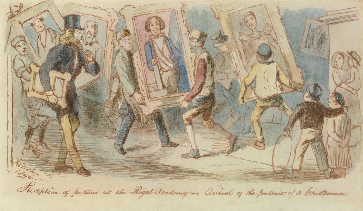 Mottagning av bilder på Royal Academy - Arrival of the Portrait of a Gentleman, 1846 (penna & bläck och wc) av John Leech
