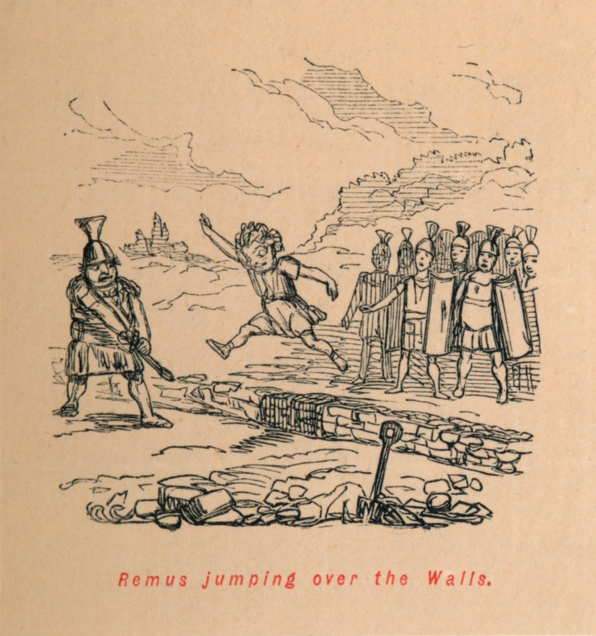 Remus hoppar över murarna, 1852 av John Leech