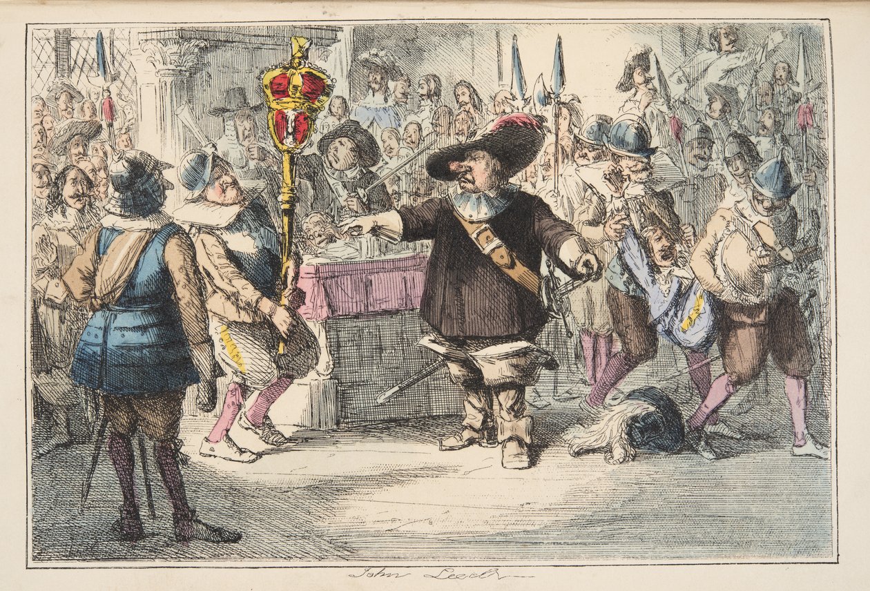 Ta bort den där Bauble, Cromwell dissolving the Long Parliament, från The Comic History of England, pub. 1864 (handfärgad etsning) av John Leech