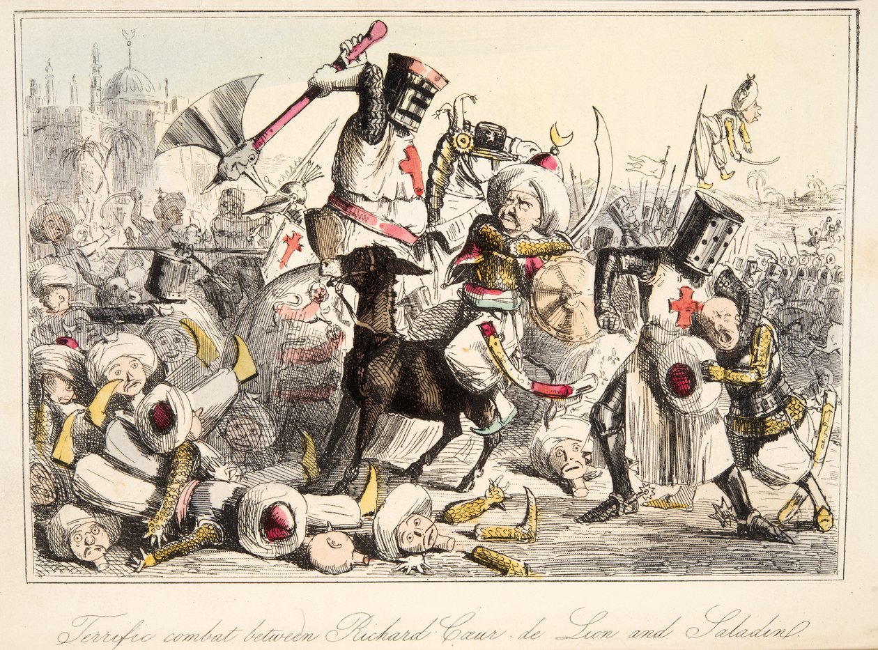Fantastisk strid mellan Richard Coeur de Lion och Saladin från The Comic History of England, pub. 1864 (handfärgad etsning) av John Leech