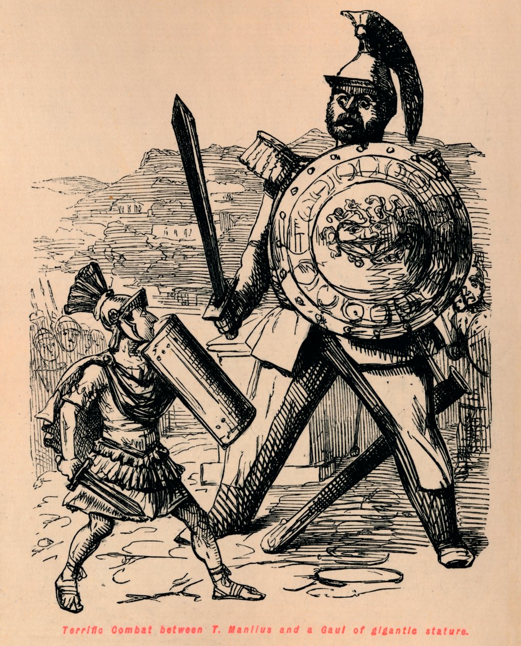 Fantastisk strid mellan T Manlius och en galler av gigantisk storlek, 1852 av John Leech