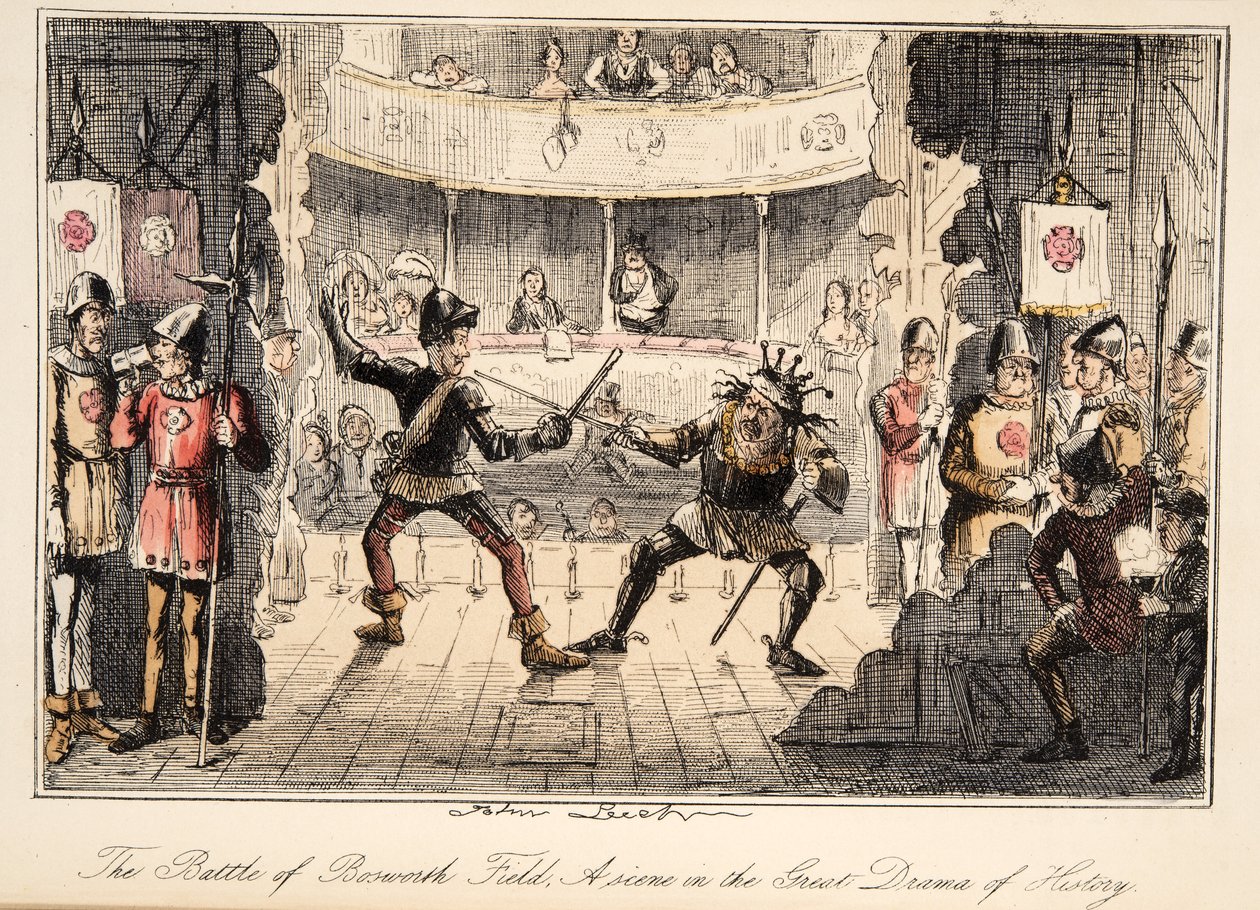 Slaget vid Bosworth Field: En scen från The Great Drama of History, från The Comic History of England, pub. 1864 (handfärgad etsning) av John Leech