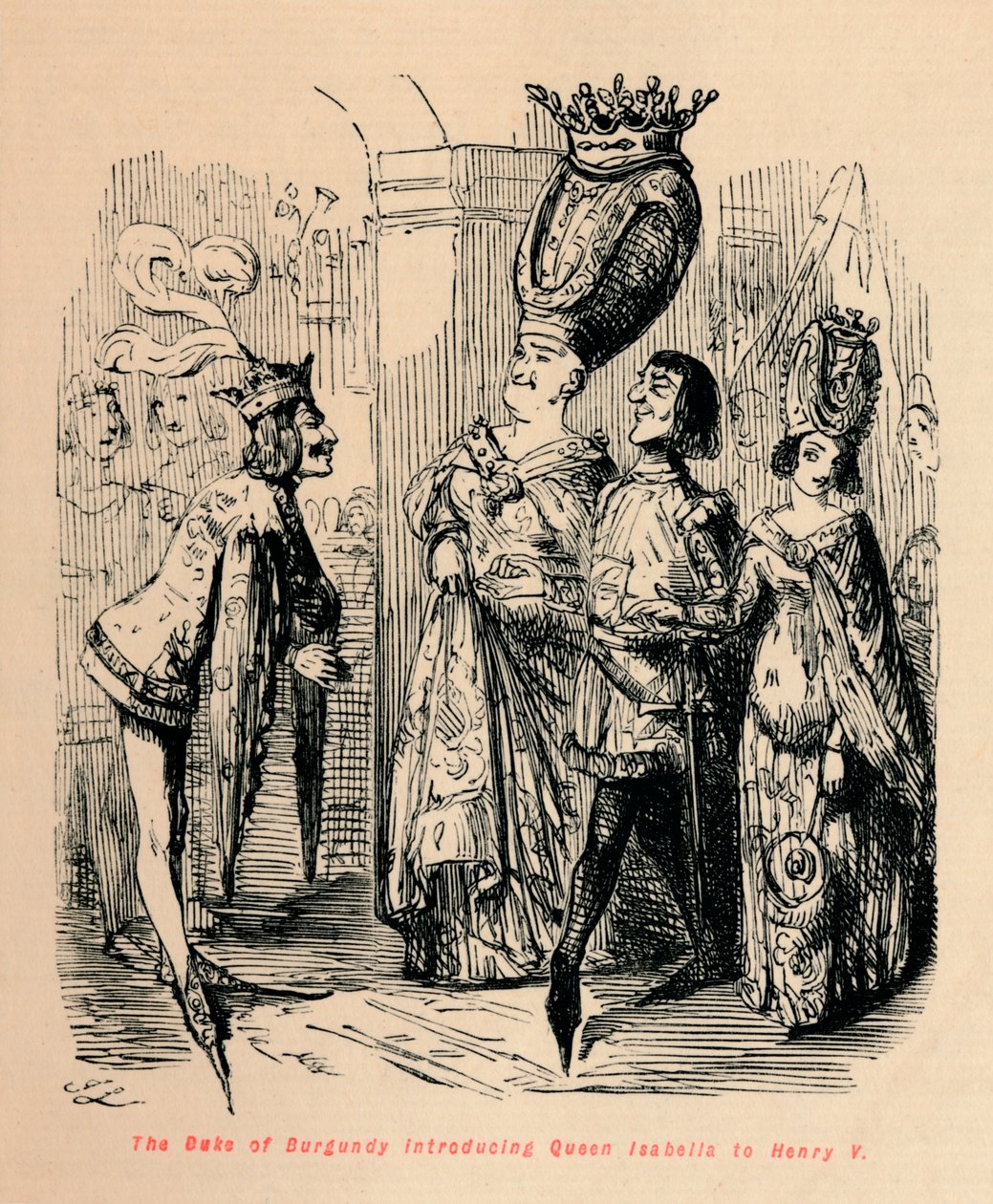 Hertigen av Bourgogne presenterar drottning Isabella för Henrik V, c1860, c1860 av John Leech