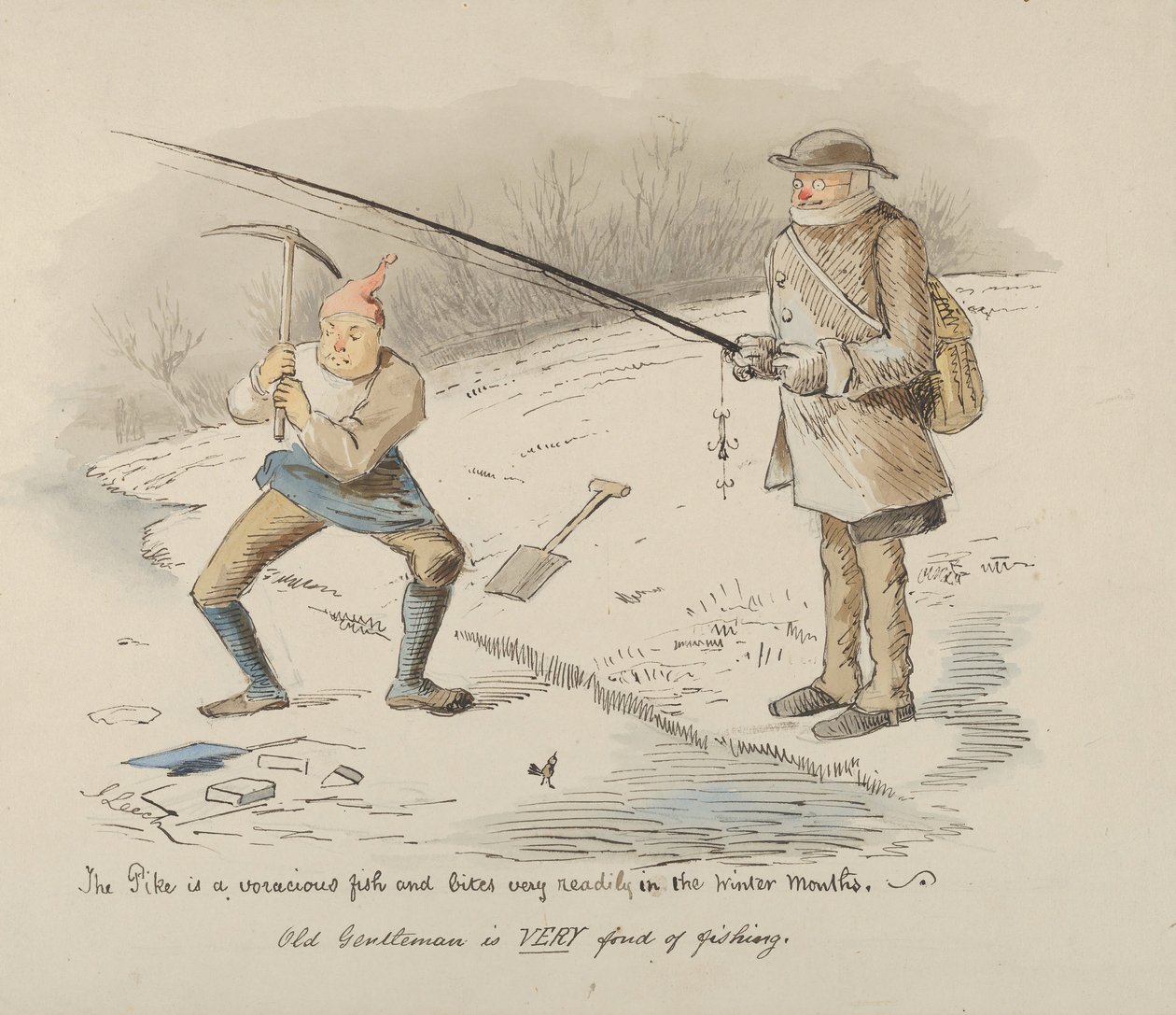 Gäddan är en glupsk fisk och biter lätt under vintermånaderna - Old Gentleman..., 1830-64. av John Leech