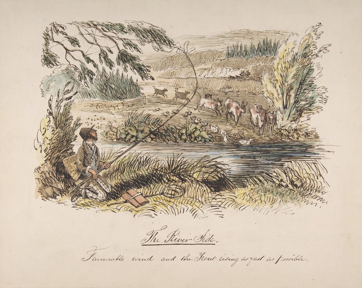 Flodstranden, gynnsam vind och öringen stiger så fort som möjligt, 1830-64. av John Leech