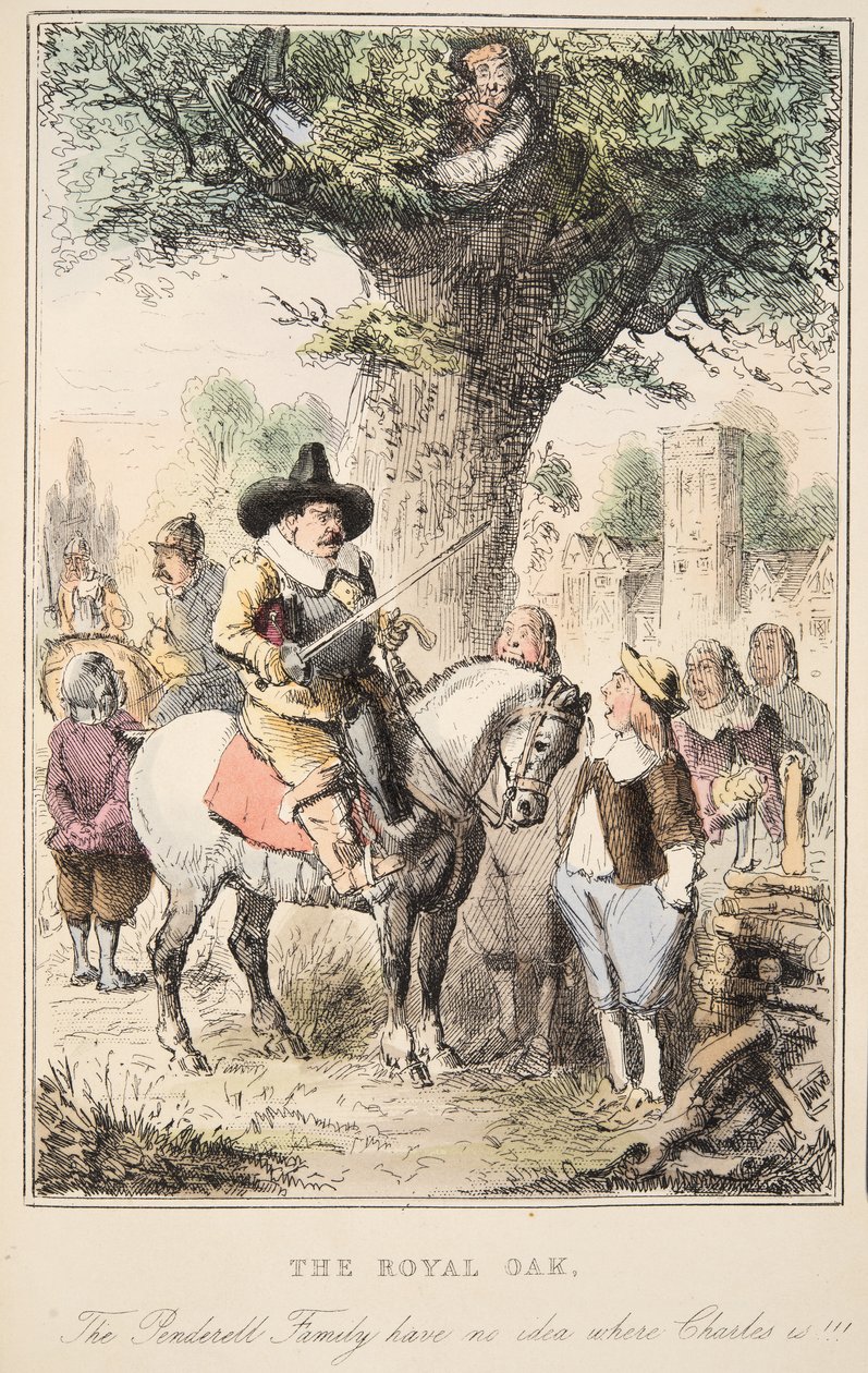 Royal Oak. Familjen Penderell har ingen aning om var Charles är!!!, från The Comic History of England, pub. 1864 (handfärgad etsning) av John Leech