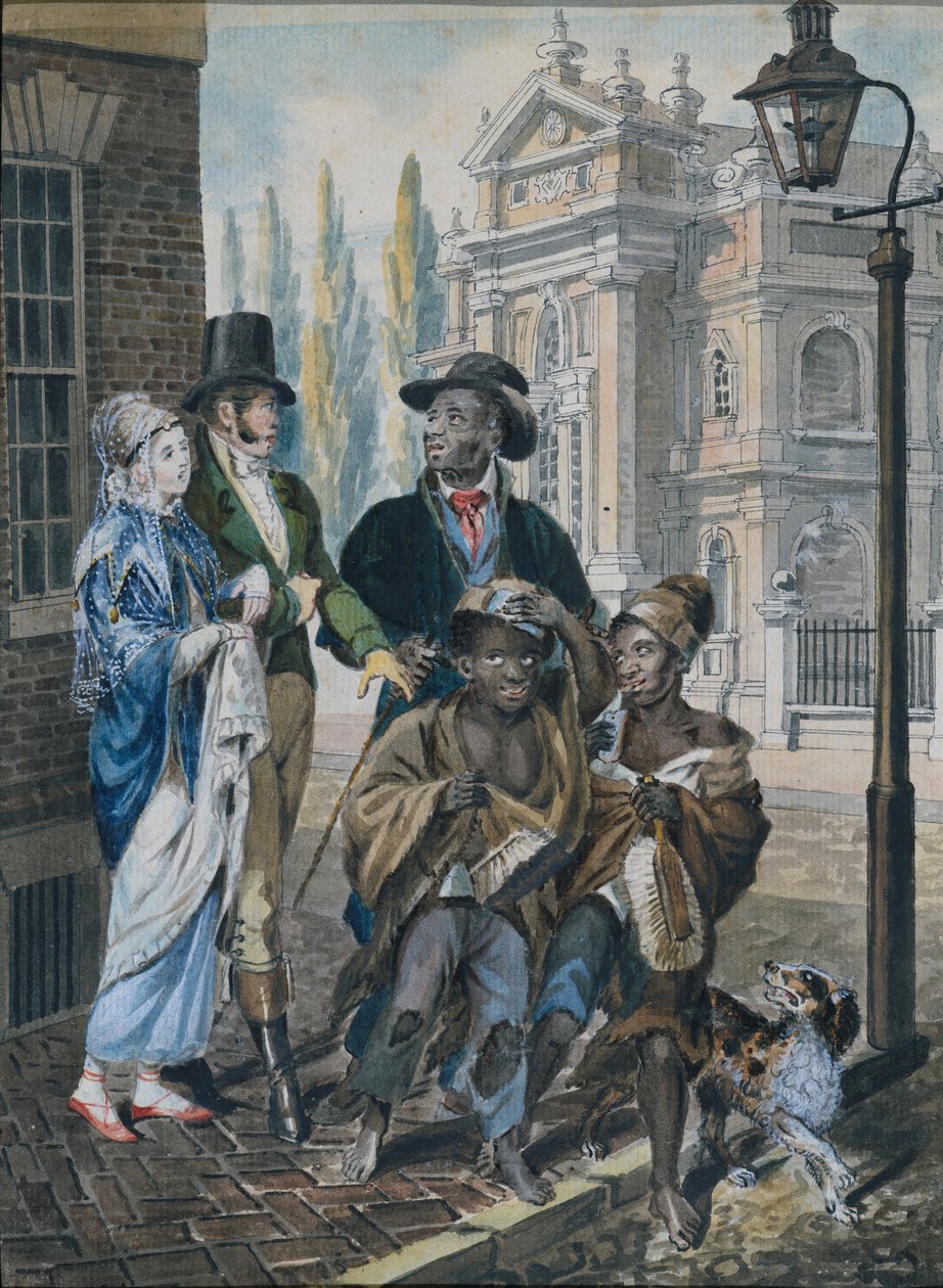 Världsliga folk ifrågasättande skorstensfejare och deras mästare före Kristi kyrka..., 1811-ca. 1813. av John Lewis Krimmel