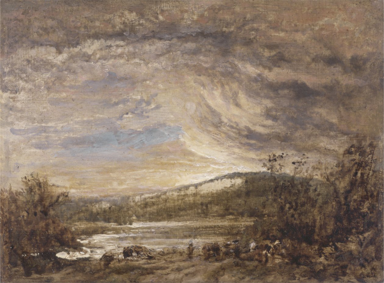 A River Landscape, Sunset (olja på panel) av John Linnell
