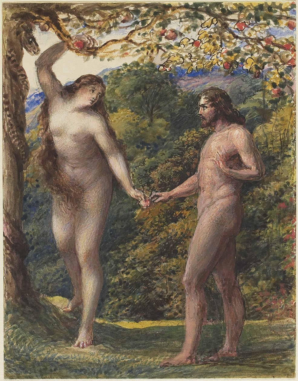 Eve Offering the Forbidden Fruit to Adam, 1830-35 (penna & brunt bläck med wc förhöjd med kroppsfärg över grafit på vävt papper) av John Linnell