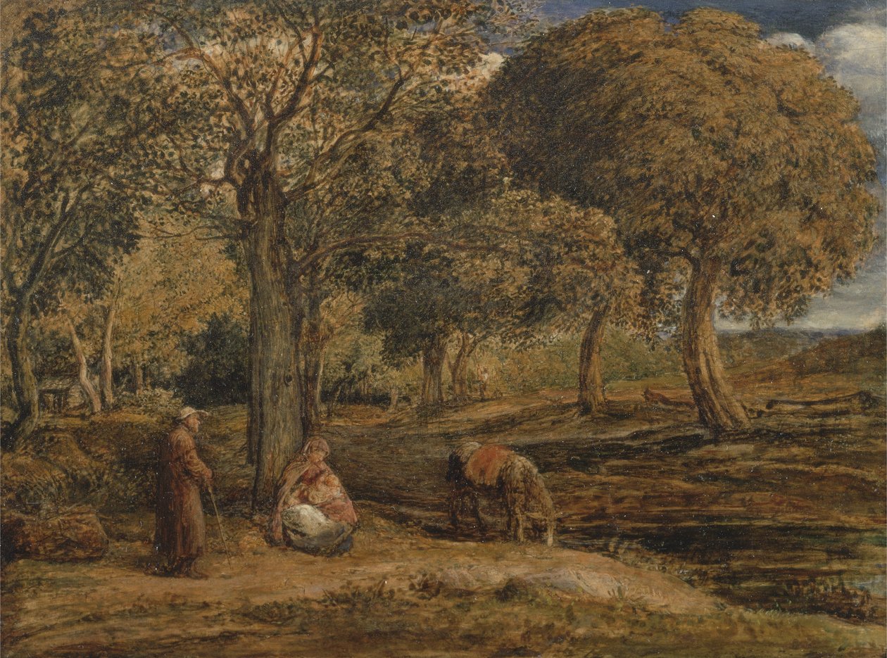 Landskap med familjegrupp, möjligen The Rest on the Flight into Egypt, ca 1827 (olja på panel) av John Linnell