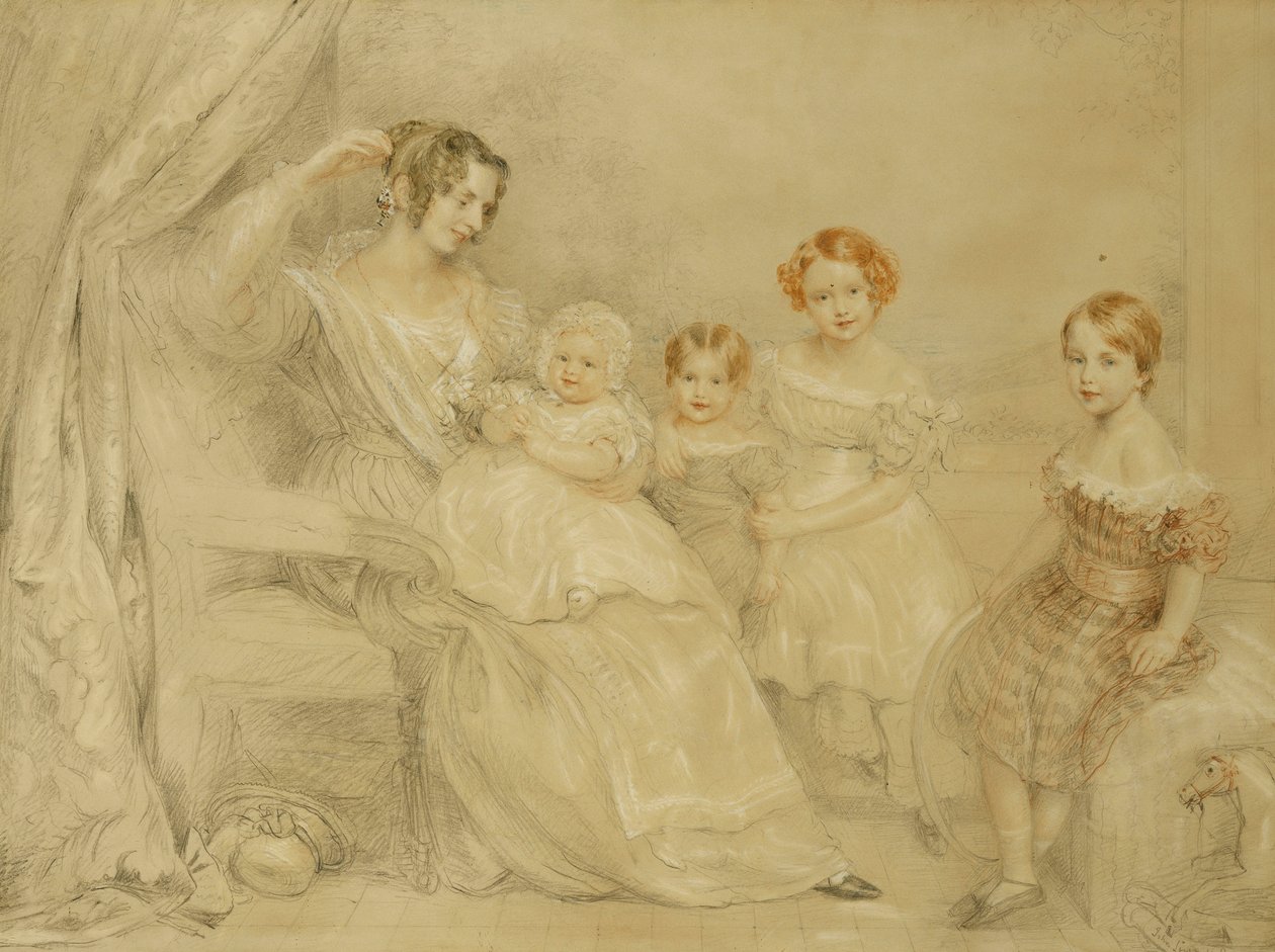Porträtt av fru W.S. Fry och hennes fyra barn: Emma, Willy, Julie och Georgina, sittande i en interiör, 1840 av John Linnell