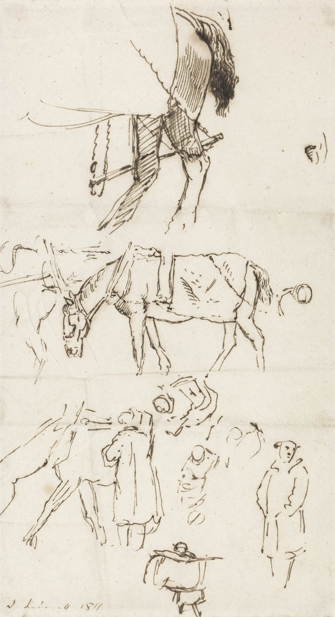 Studies of Horses, Men and Carriages, 1811 (penna och brunt bläck på papper) av John Linnell