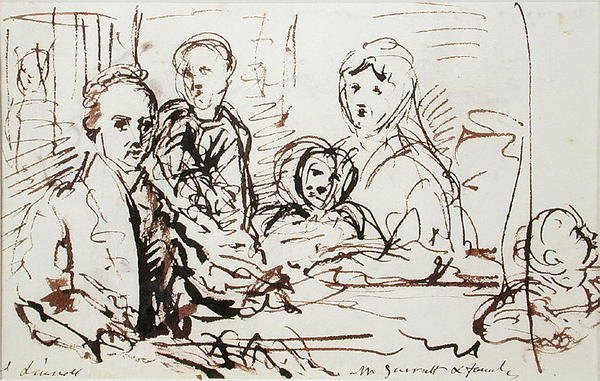 William Albin Garratt och familj, ca 1830 (penna och bläck på papper) av John Linnell