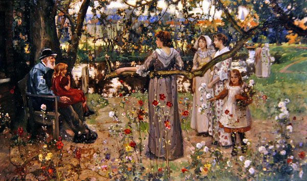 Sommarträdgården (olja på duk) av John Lochhead
