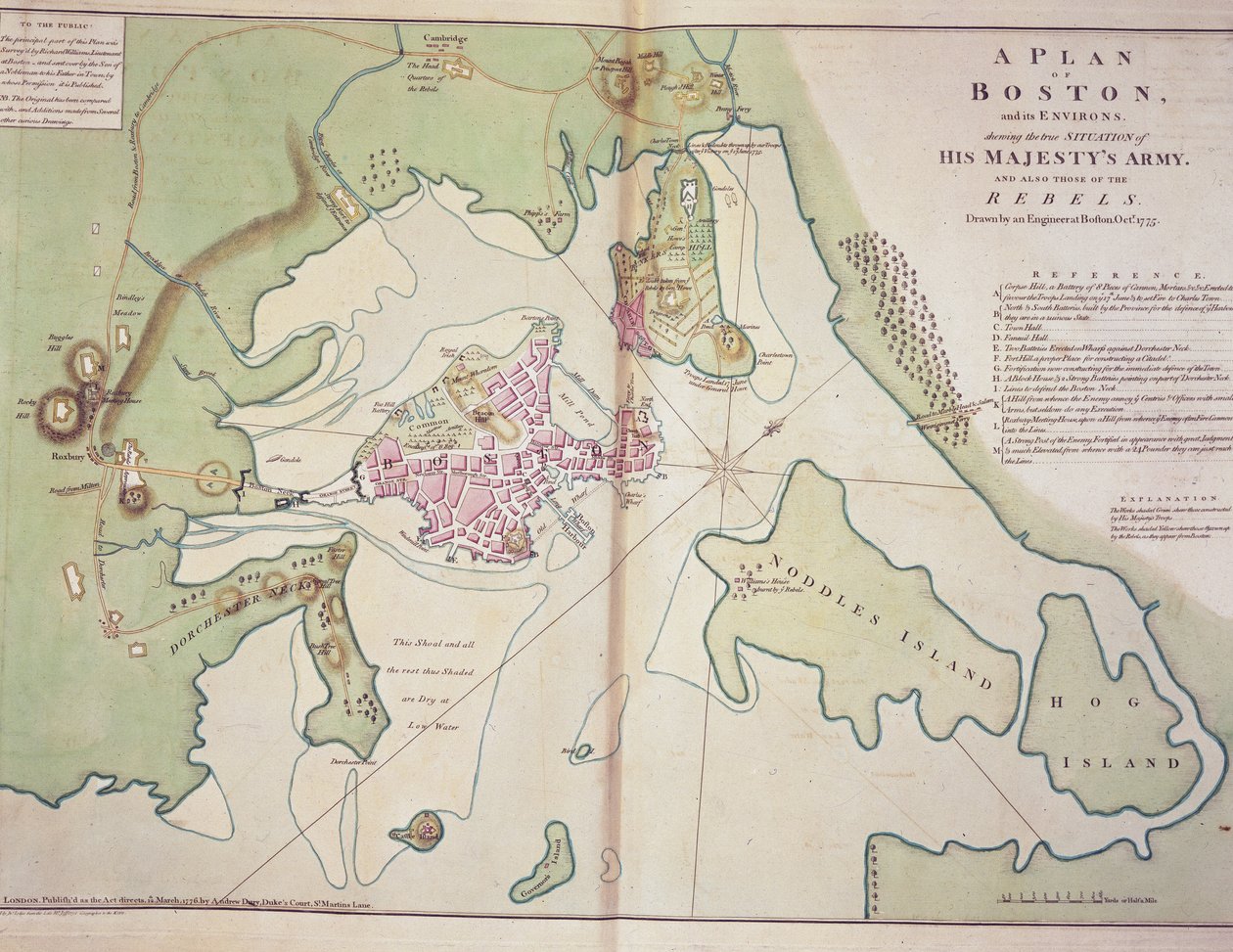 Plan över Boston och dess omgivningar som visar positionen för de brittiska styrkorna och de amerikanska rebellstyrkorna, ritad oktober 1775, tryckt i 