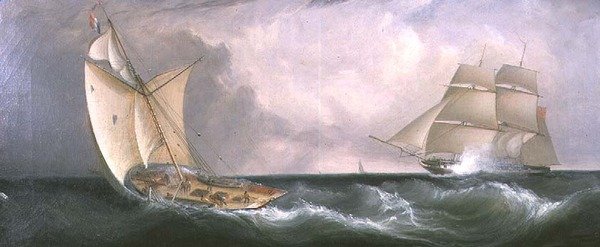 En fransk kutter passerar en brittisk fregatt av John Lynn