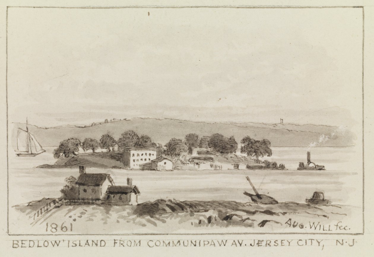 Bedloe Island från Communipaw Ave., Jersey City, N.J., 1861 av John M. August Will