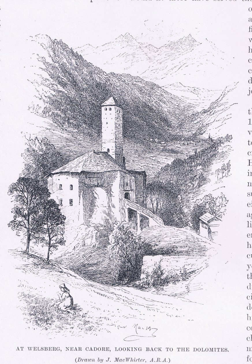 Vid Welsberg, nära Cadore, med en blick tillbaka till Dolomiterna, från The Magazine of Art 1893, Cassell and Company av John MacWhirter