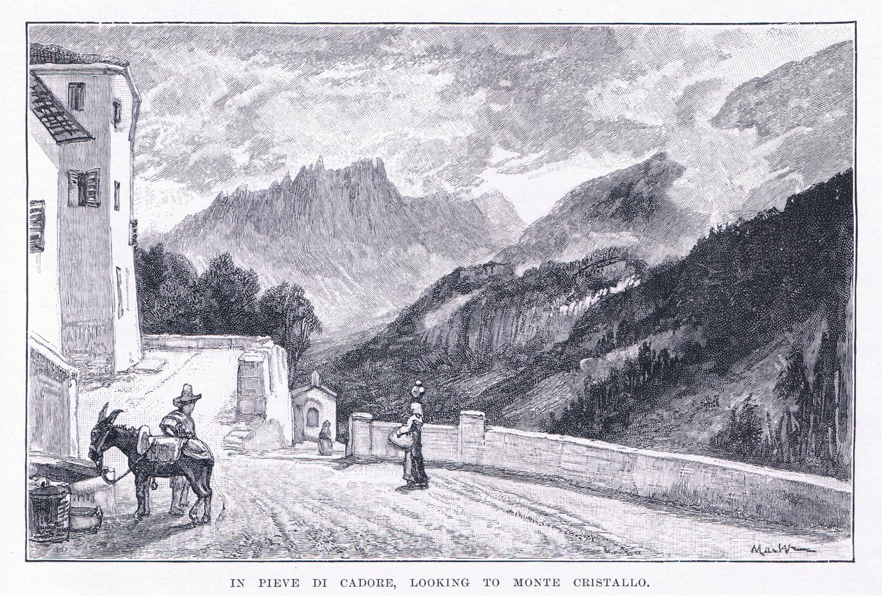 I Pieve Di Cadore, tittar på Monte Cristallo, från The Magazine of Art 1893, Cassell and Company av John MacWhirter