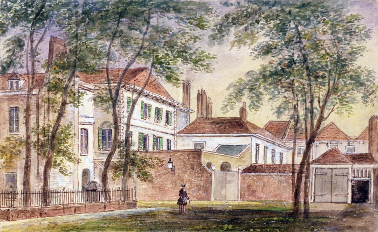 Vy över den avlidna hertiginnan av Portlands (1715-1785) hus och museum 1796 (wc på papper) av John Mallord Bromley