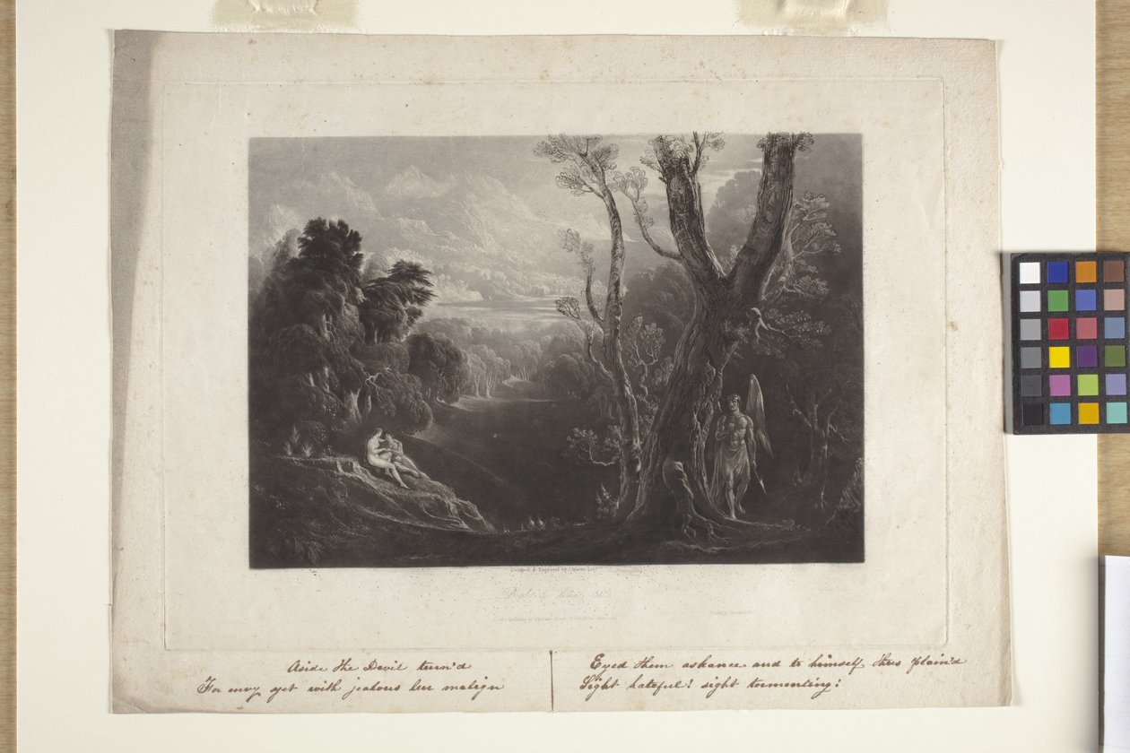 Satan betraktar Adam och Eva i paradiset (mezzotint) av John Marin