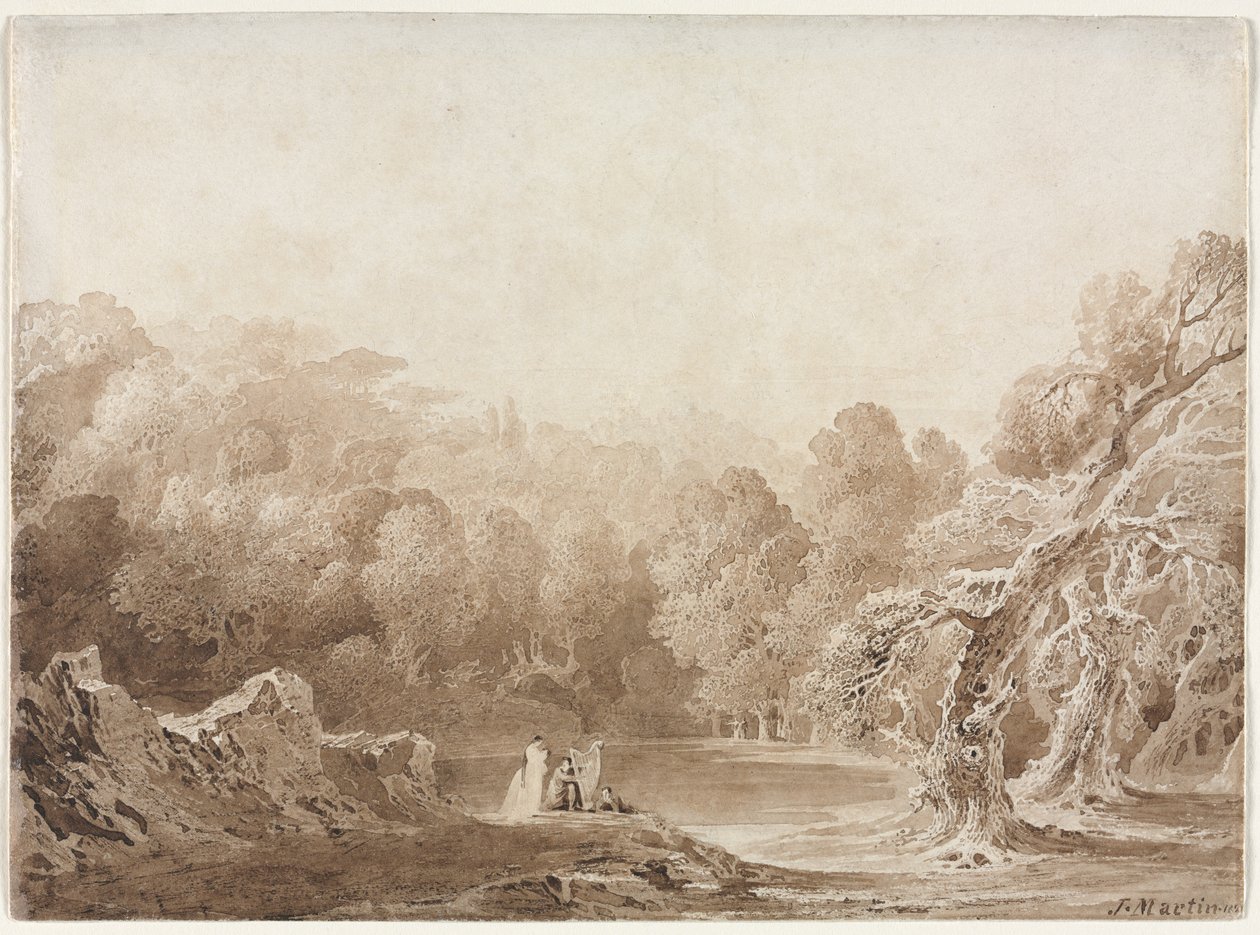 En man som spelar harpa med andra figurer vid en sjö, 1820. av John Martin