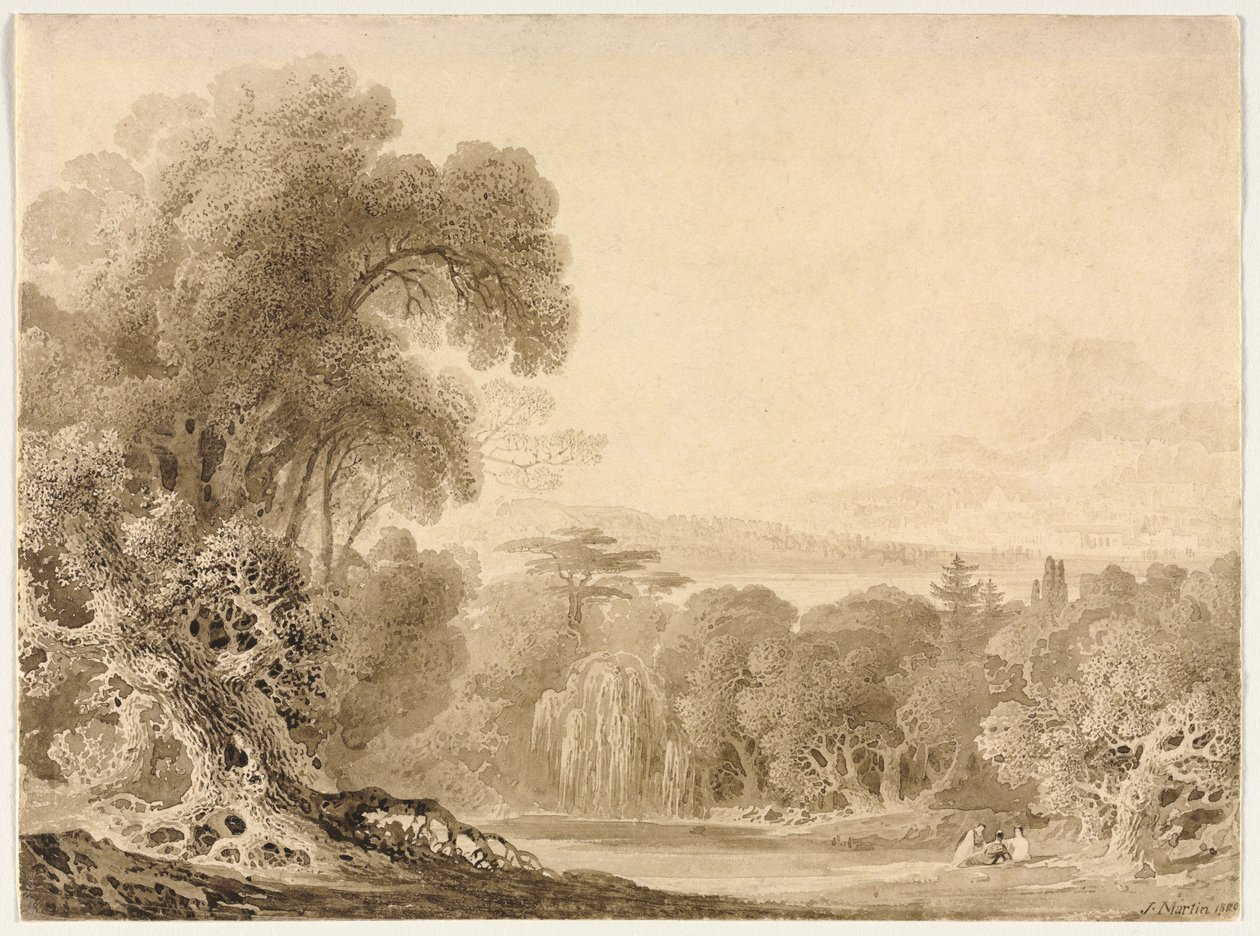 Figurer som sitter vid en sjö i ett skogslandskap av John Martin