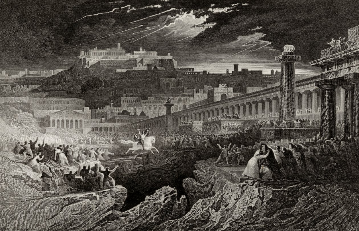 Marcus Curtius rider in i avgrunden, graverad av H. Le Keux av John Martin