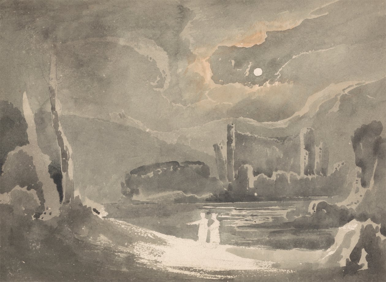 Månbelyst landskap med ett förstört slott av John Martin