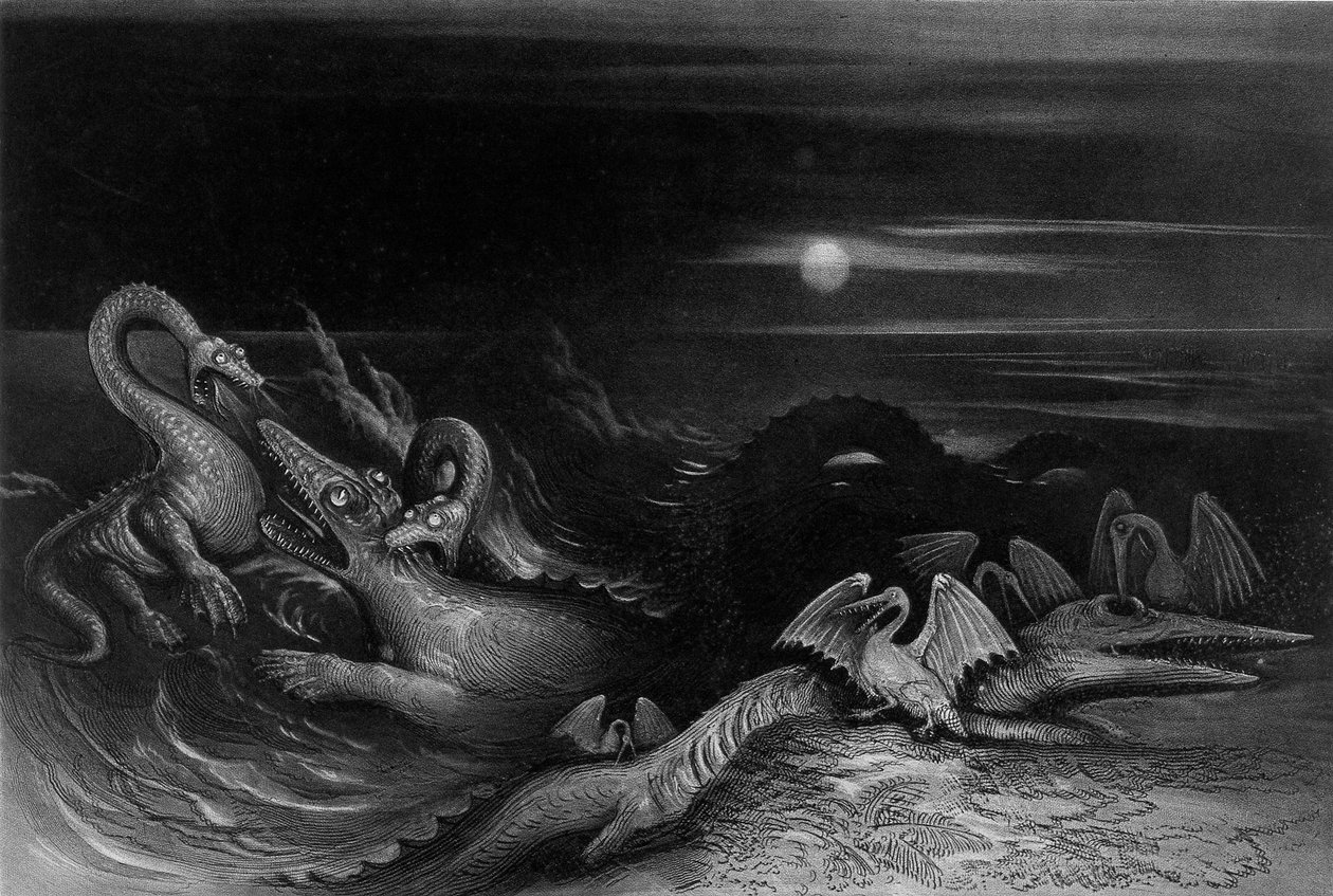 Plesiosaurus kämpar mot Temnodontosaurus (Oligostinus), 1840 av John Martin