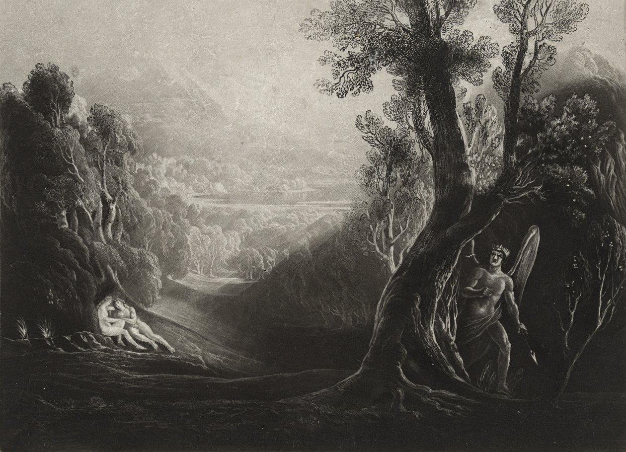 Satan Contemplating and Eva in Paradise, ca 1827 (mezzotint) av John Martin