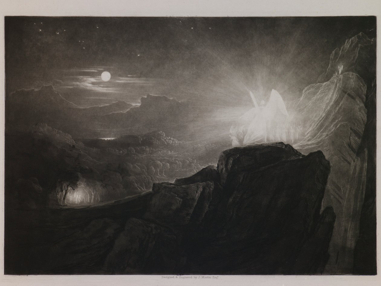 Änglarna som vaktar paradiset på natten, illustration till "Paradise Lost" av John Milton, bok 4, rad 866 av John Martin